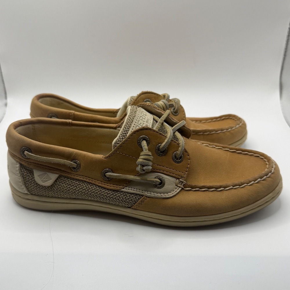 Sperry Top-Sider Women Tan Leather Fabric Boat Shoes Loafers Size 6.5M